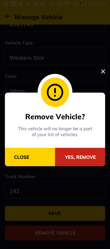 Screenshot of removing a vehicle from the Love's Connect App