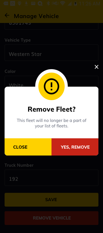 Screenshot of how to remove a fleet in the Love's Connect App
