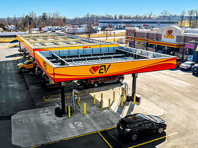 A photo of an EV charging canopy at a Love's Travel Stop in Jonestown, PA