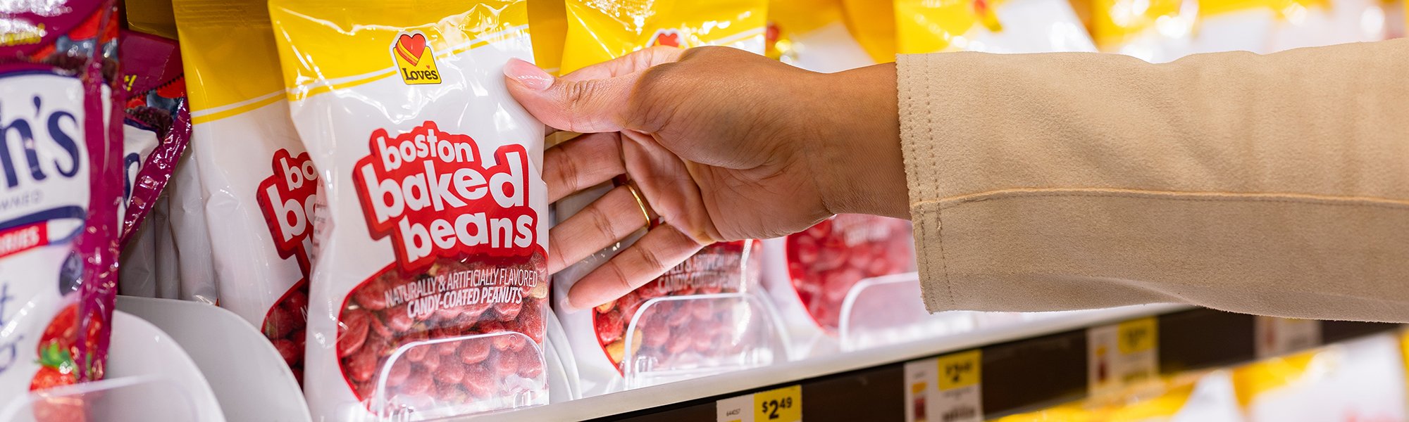 Love's boston baked beans on a shelf