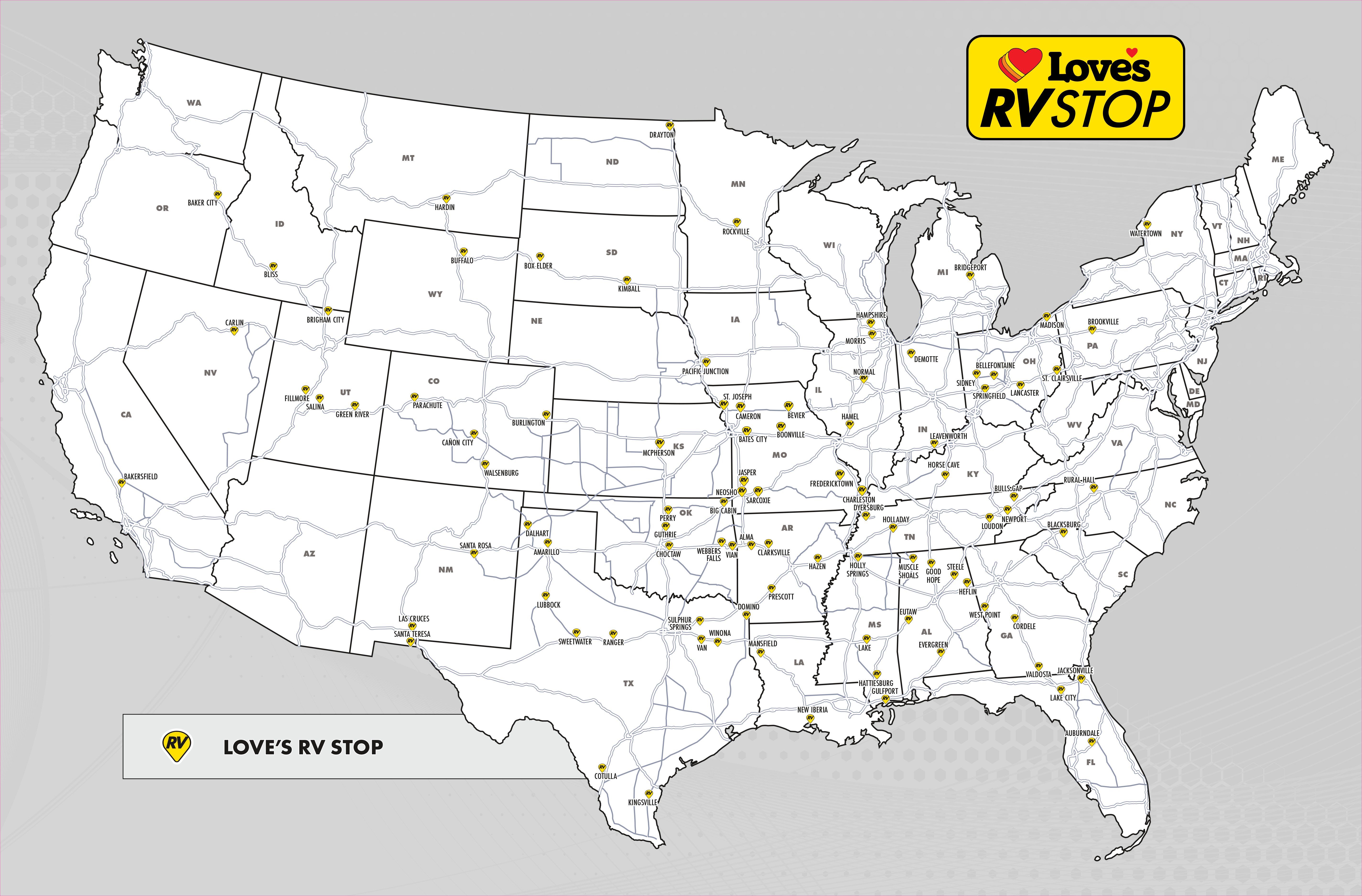 A photo of a map with Love's RV Stops on it