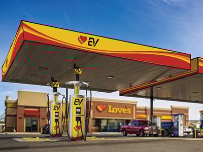 A rendering of an EV charger at a Love's Travel Stop