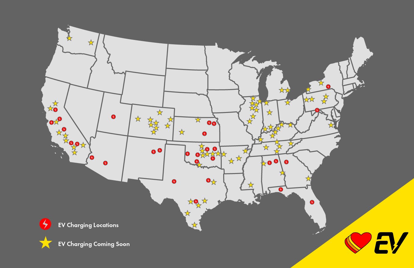 A map of existing and future EV Charging stations at Love's Travel Stops