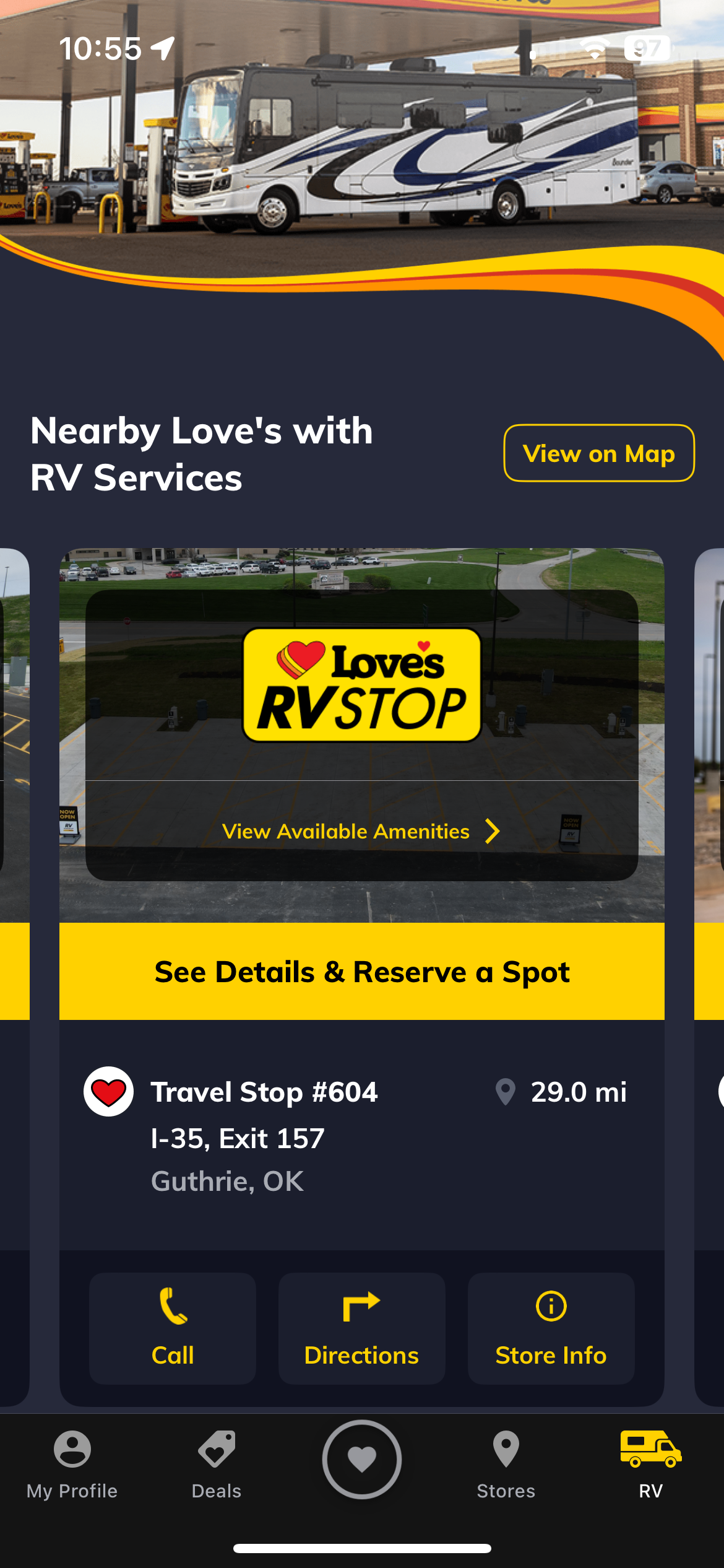 Screenshot of the Love's Connect App - Book RV Stop