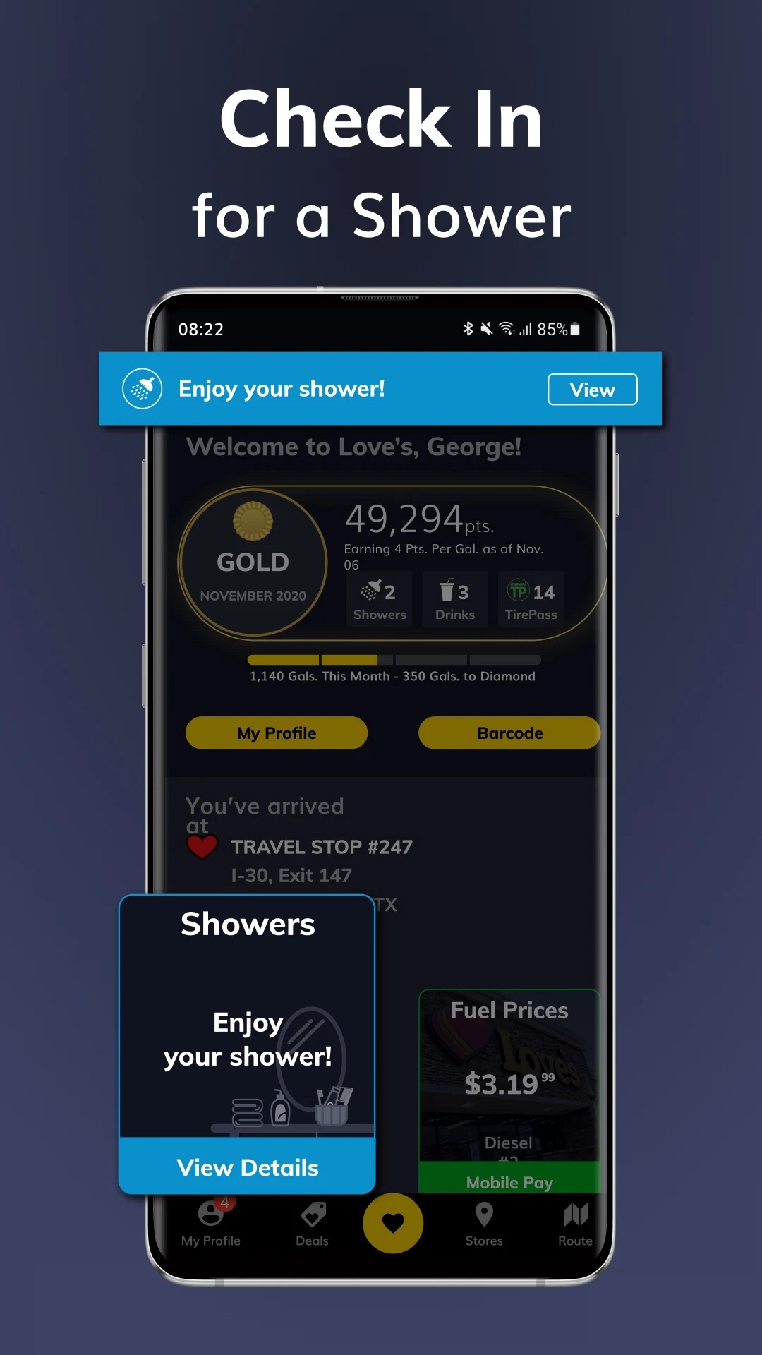 Screenshot of the Love's Connect App - Shower Check In