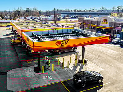 A photo of an EV charging canopy at a Love's Travel Stop in Jonestown, PA