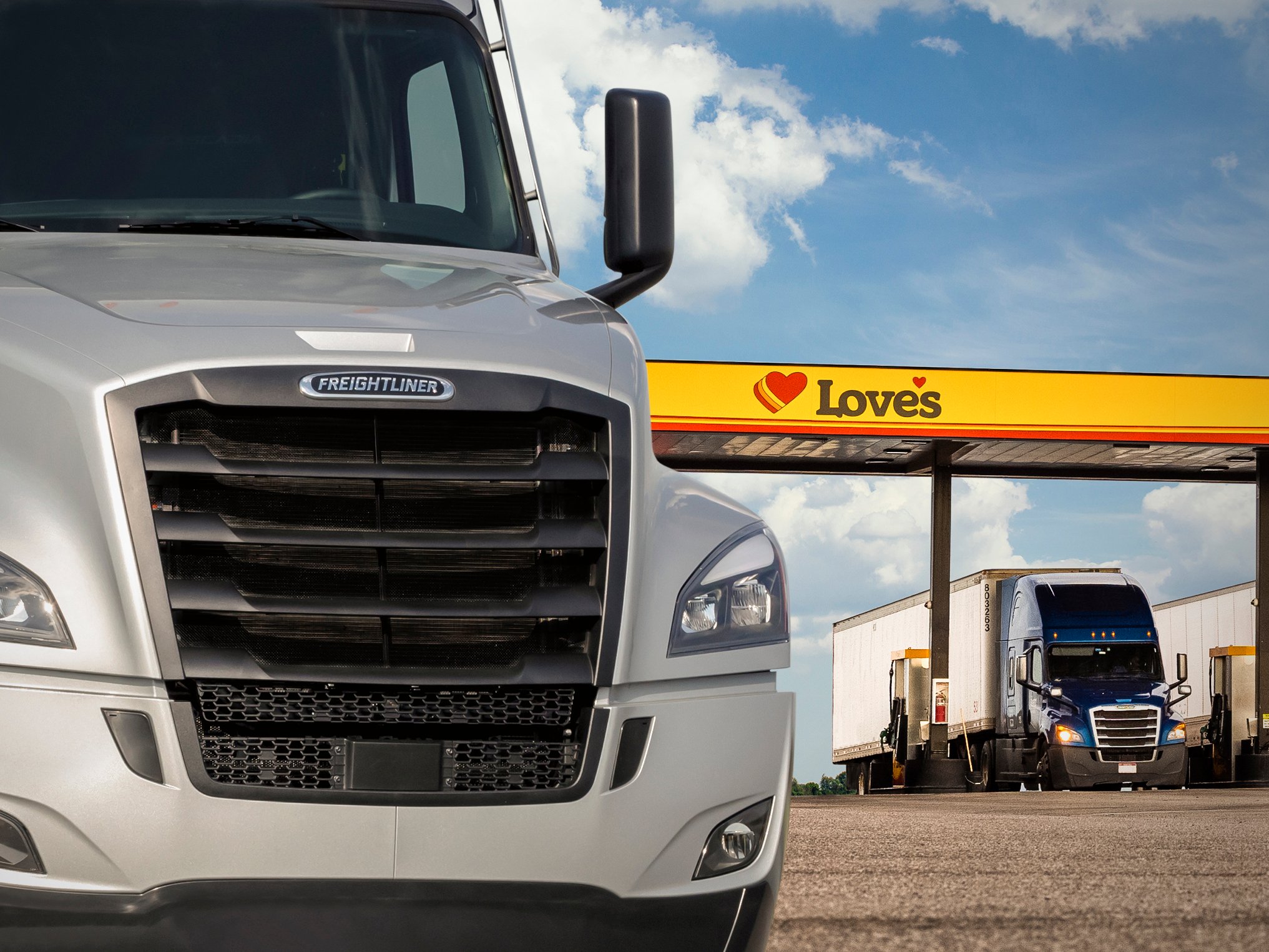 A photo of a Freightliner truck at a Love's Travel Stops