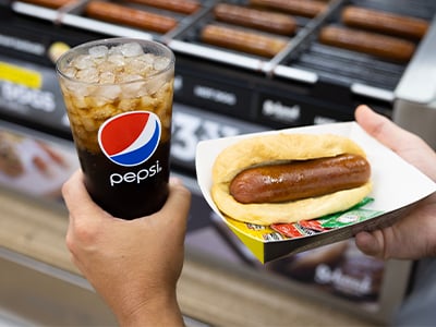 Love's hot dog in tray next to glass Pepsi cup