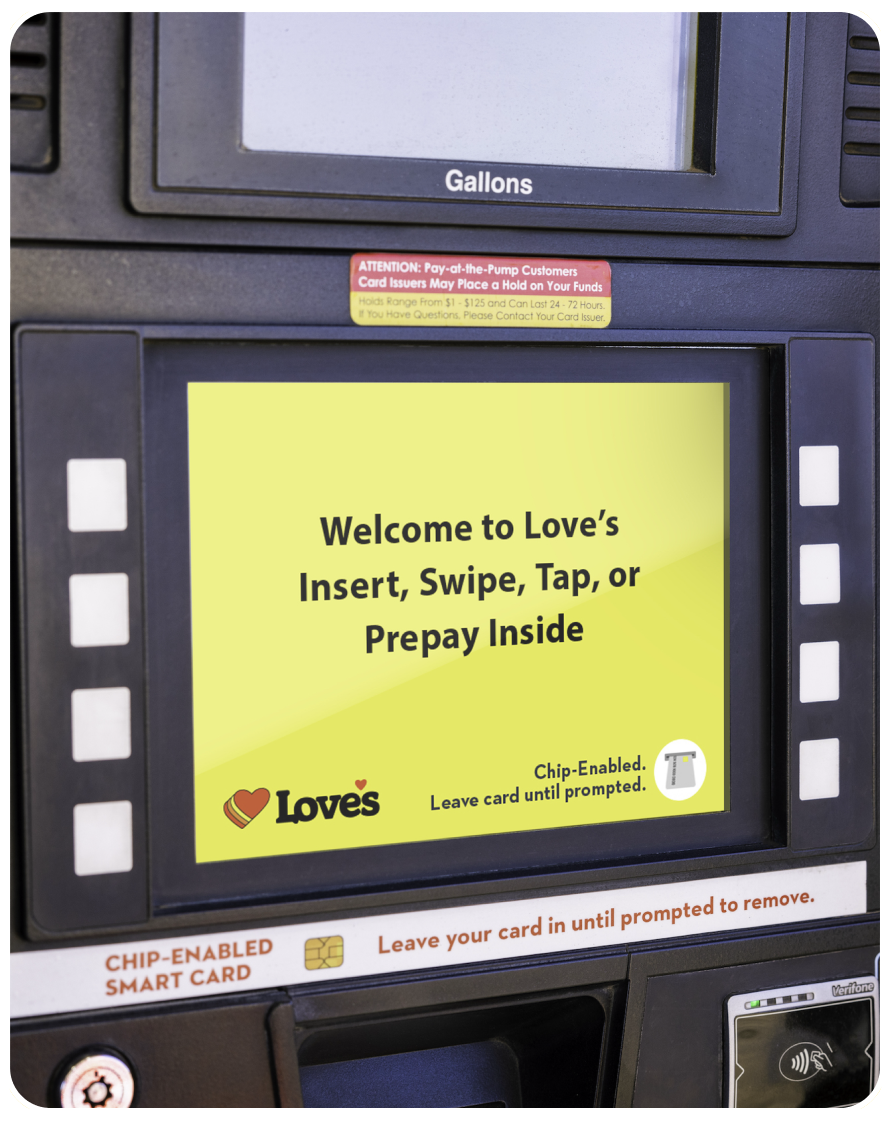 A photo of the welcome prompt on a Love's pump