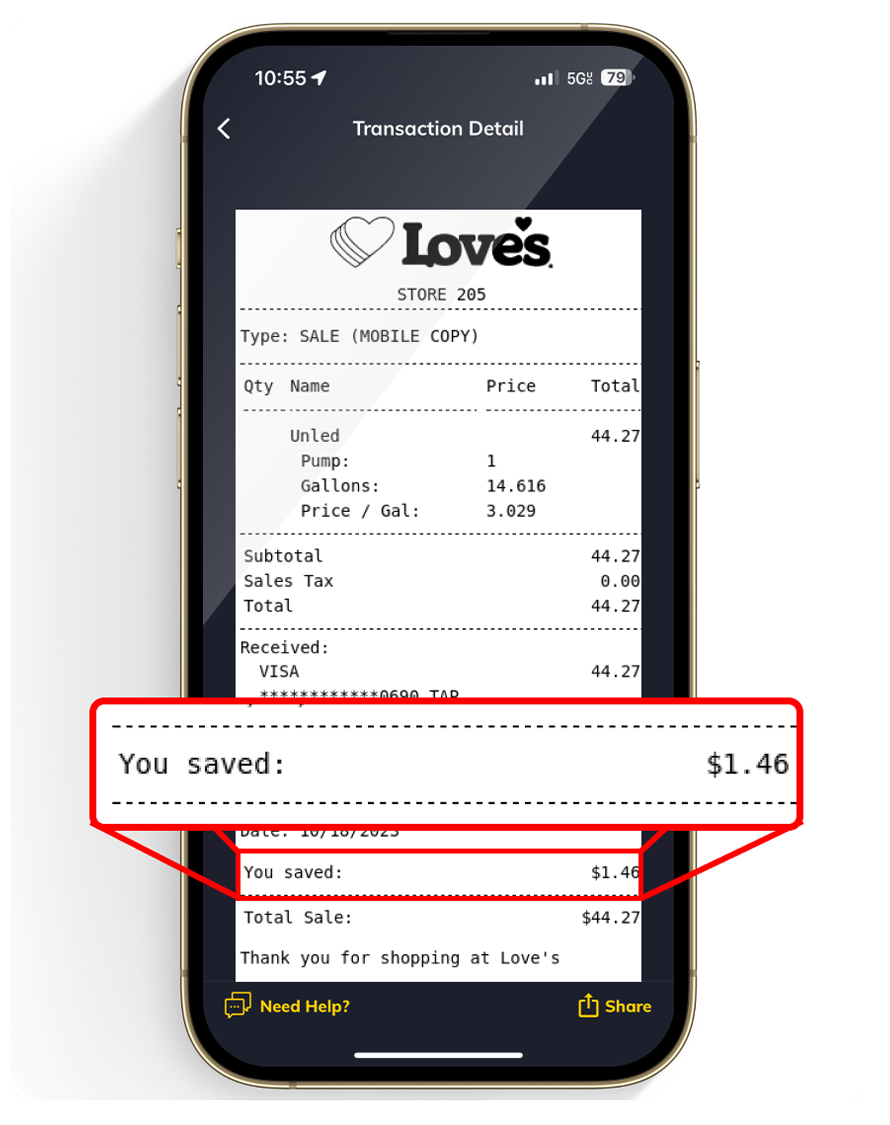 A photo of savings on a receipt at a Love's