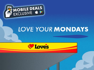 An illustrated Love's gas canopy with "Love Your Mondays" text on it.