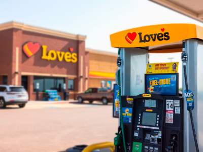 An exterior of a Love's with a gas pump in frame