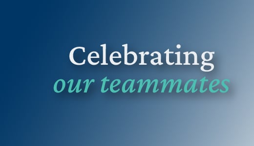 Blue background with the words celebrating our teammates