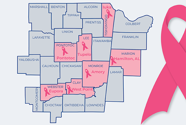 Map of north Mississippi and northwest Alabama showing locations of 3-D mammography in Tupelo, Amory, Eupora, Iuka, Pontotoc and West Point, Mississippi and Hamilton, Alabama.