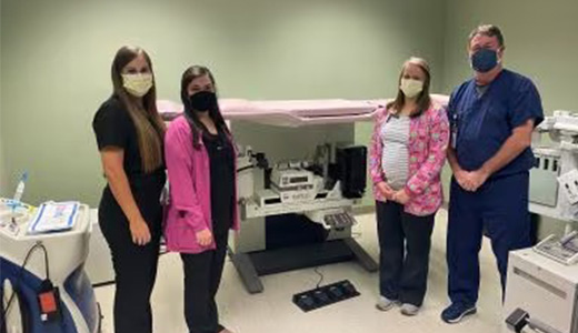 NMMC-West Point Radiology staff including radiologist Mark Ellis, M.D.; Whitney Eldridge, mammographer; Meagan Johnson, mammographer; and Jackie Bolton, RN, are now offering stereotactic breast biopsy to local patients.