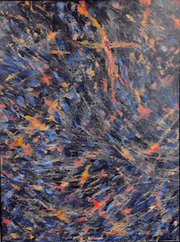 In an abstract field of blues, artist Carol Jones emphasized a yellow cross.