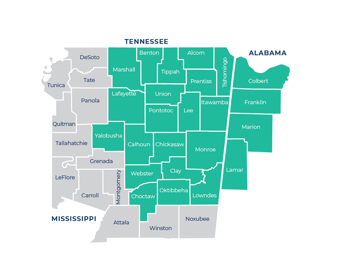 Map highlighting the 24 counties served by NMHS where teammates can work