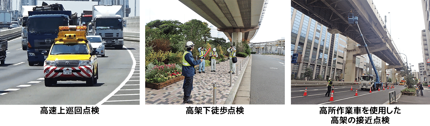高速上巡回点検、高架下徒歩点検、高所作業車を用いた接近点検の現場の様子を示す3枚の写真