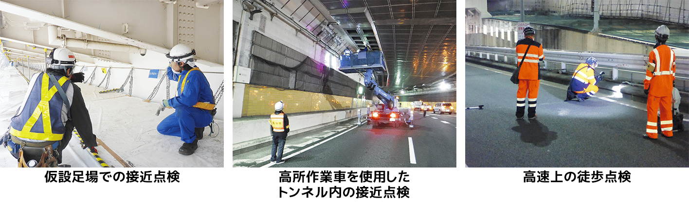 鋼橋の塗装が劣化した様子と作業員による鋼橋の塗装塗り替え作業の写真