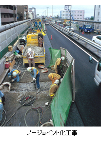 車線規制された高架道路上で、作業員がノージョイント化工事を進めている作業風景の写真