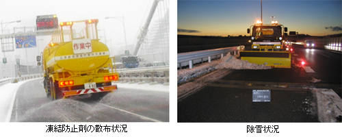 散布車による凍結防止剤の散布作業と、除雪車による路面の除雪作業の様子を示す2枚の写真