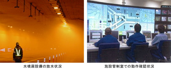 水噴霧設備の放水状況と施設管制室での動作確認状況の写真