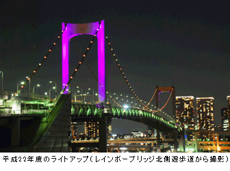 平成22年度のライトアップ(レインボーブリッジ北側遊歩道から撮影)