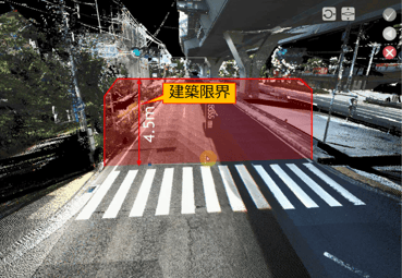システム上の3次元データを用いて、道路の建築限界(高さ)の寸法を画面上で直接計測している操作画面