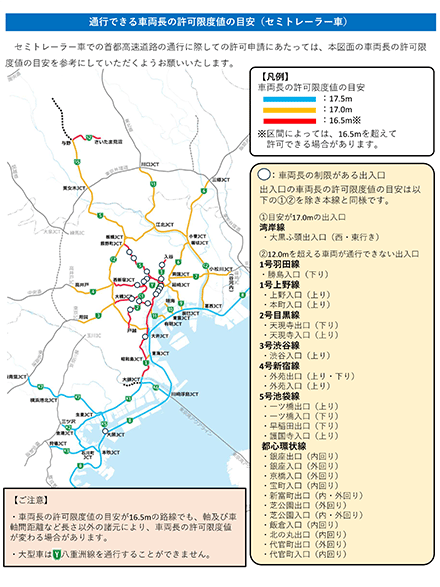 通行できる車両長の許可限度値の目安(セミトレーラ車)