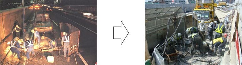 車線規制された高架道路上で、作業員がノージョイント化工事を進めている作業風景の写真