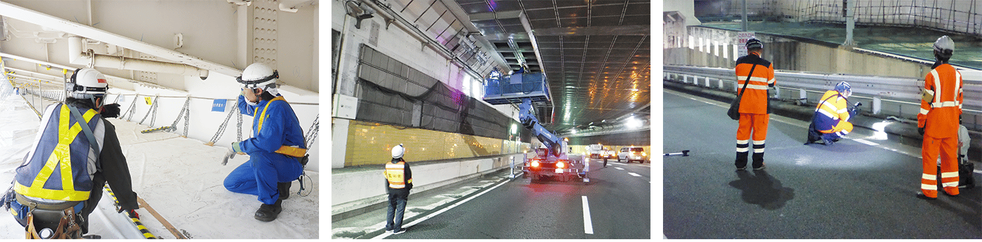 鋼橋の塗装が劣化した様子と作業員による鋼橋の塗装塗り替え作業の写真