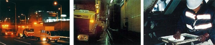 路面の清掃とトンネル壁面の清掃と照明設備の清掃の様子を示す3枚の写真
