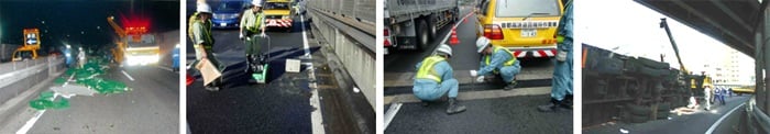 落下物の処理、路面や継手の補修、横転事故への対応など、4つの緊急応急対応の現場写真