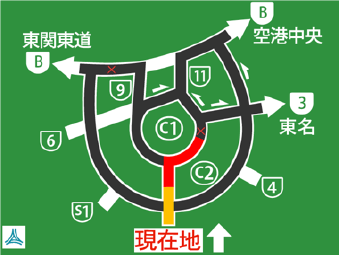 複数の道路に分岐する交差点の手前には、交通状況を示す簡単な図解案内板が設置されている。