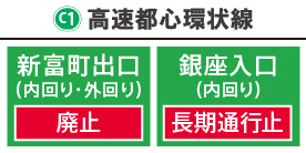 2026年10月18日（日）23：00から高速都心環状線の新富町出口（内回り・外回り）を廃止、銀座入口（内回り）を長期通行止（約3年間）します。
