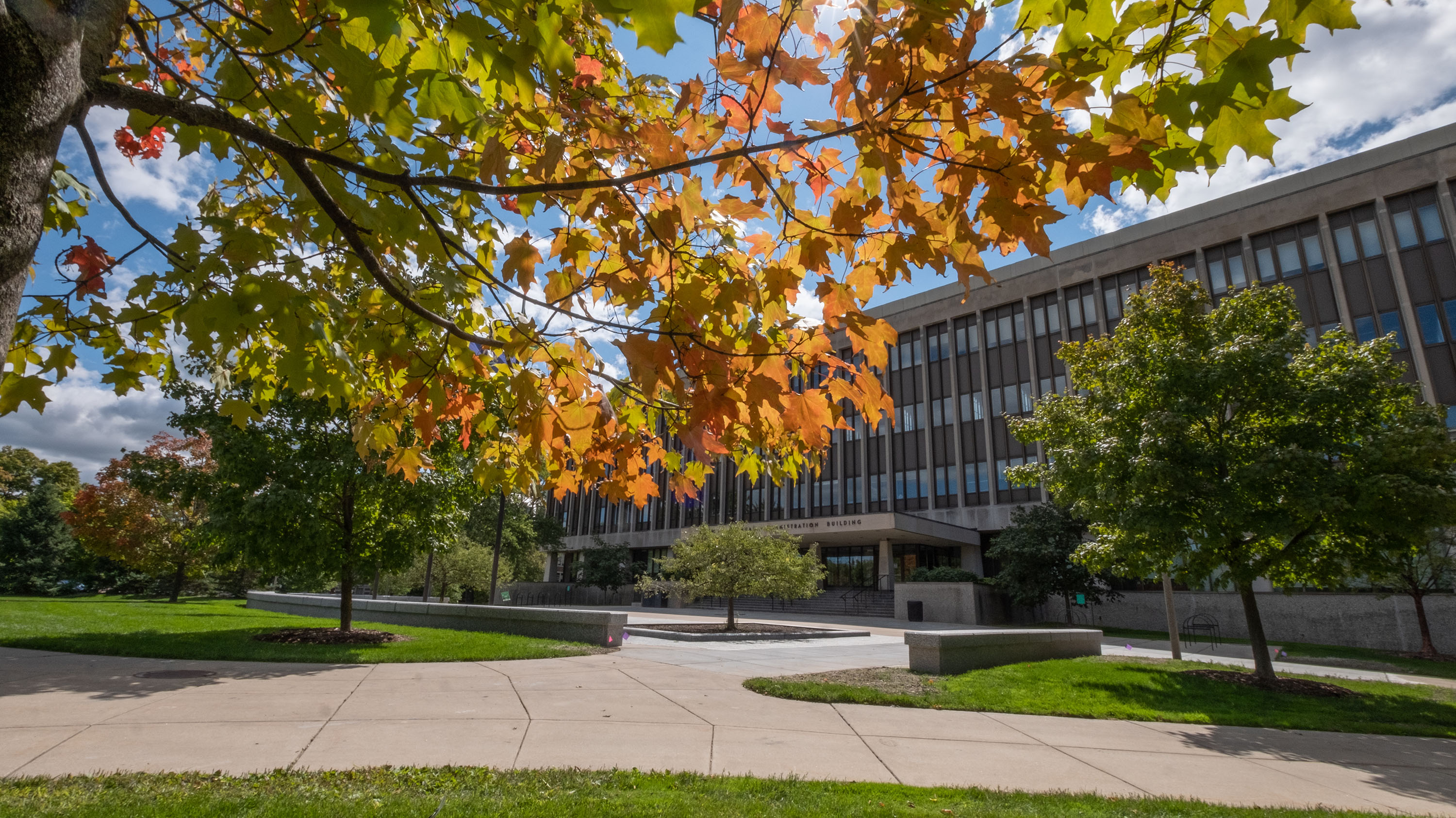 MSU Admin Building and fall leaves