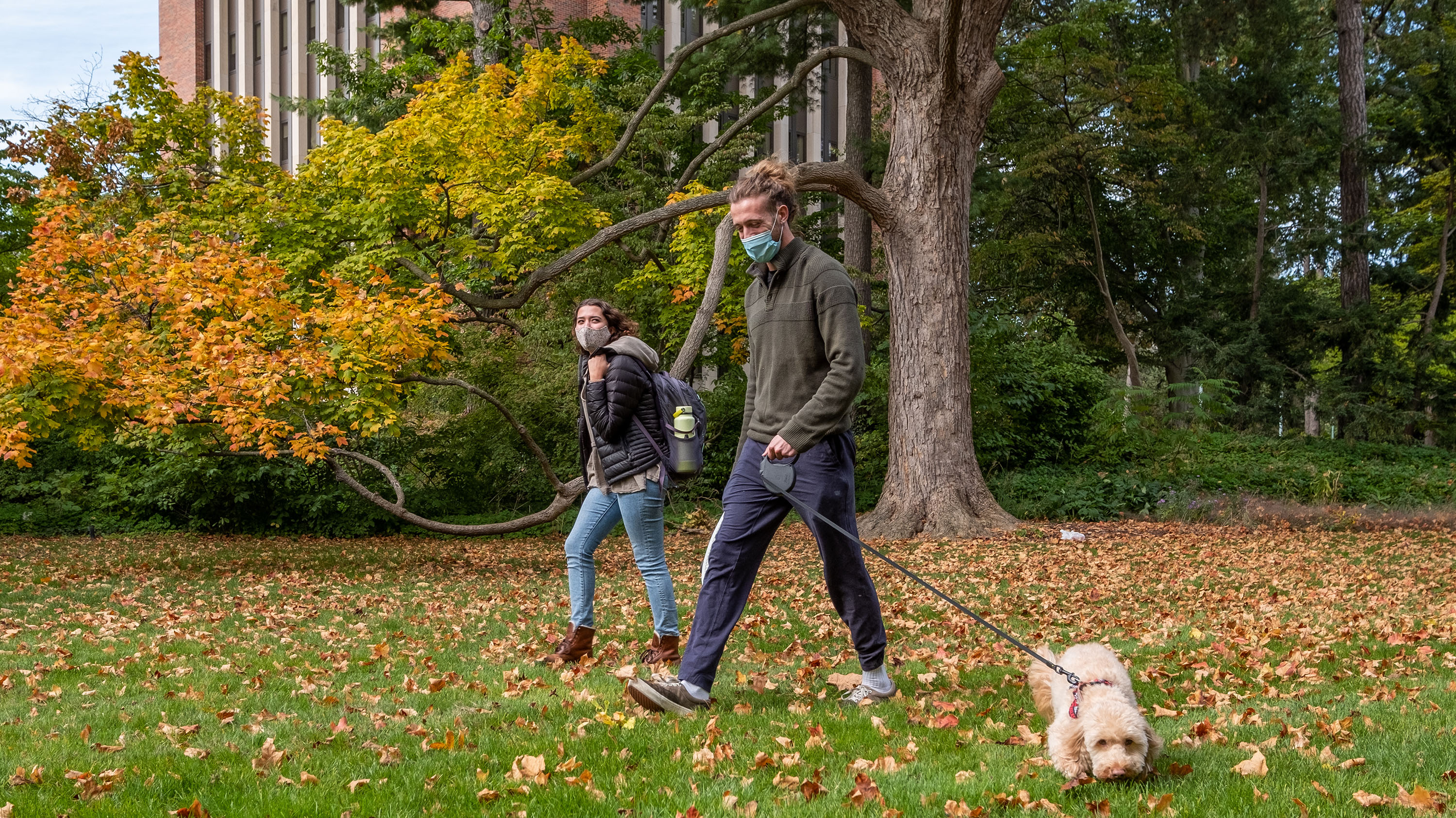 Two people walking dog.