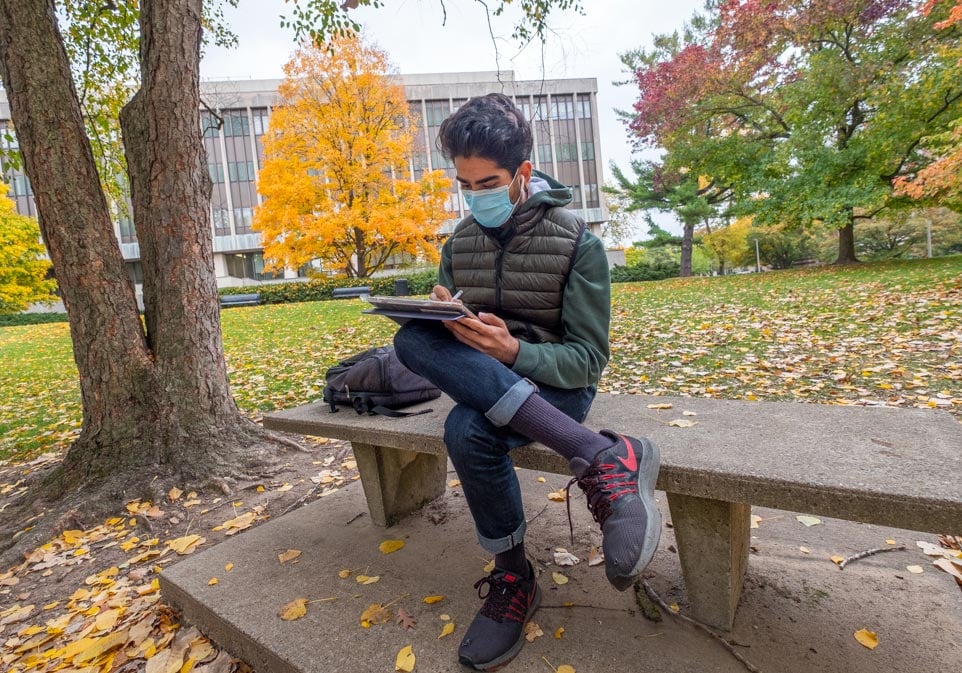 Student studying outside