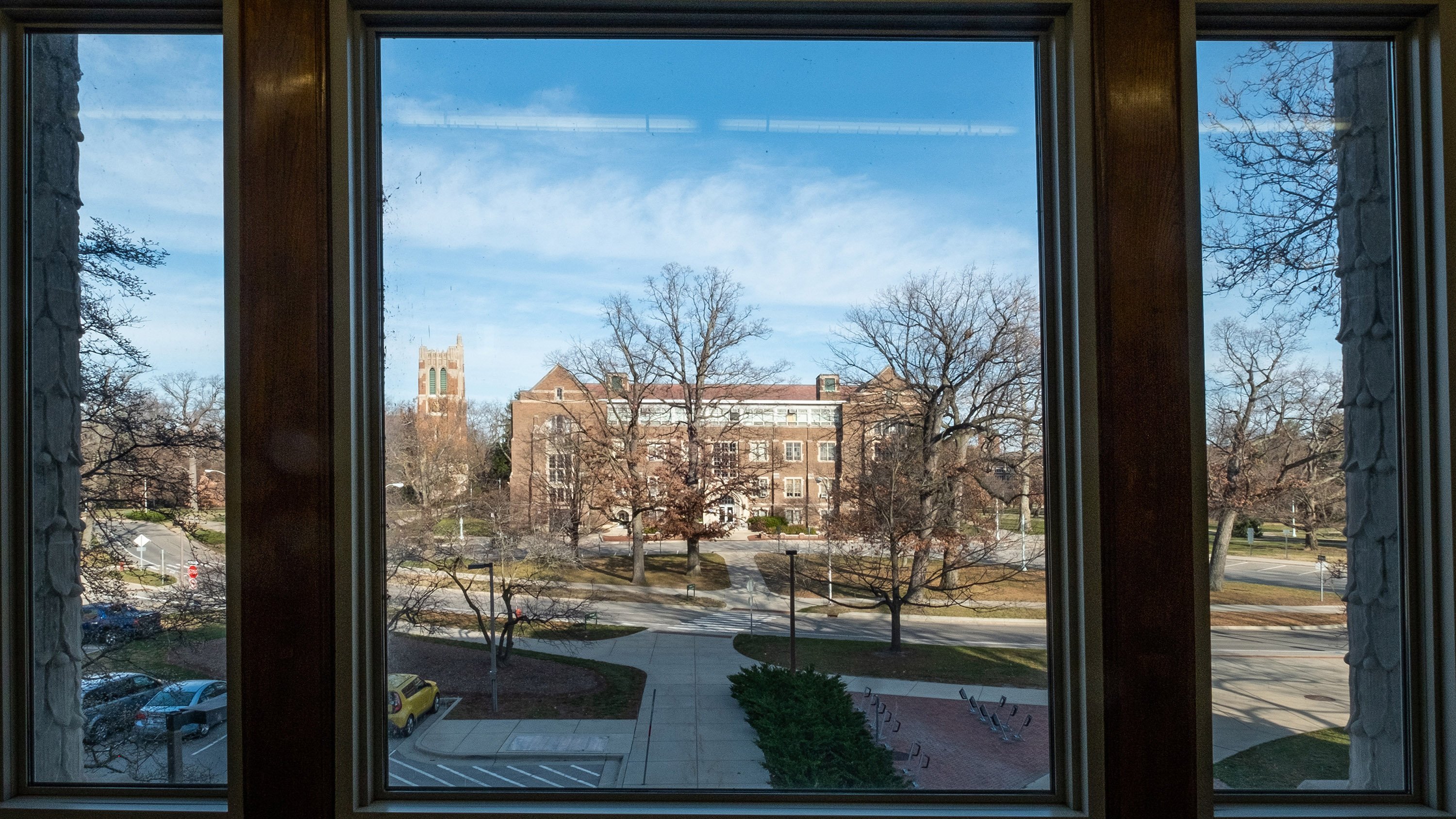 view of MSU Museum through a window
