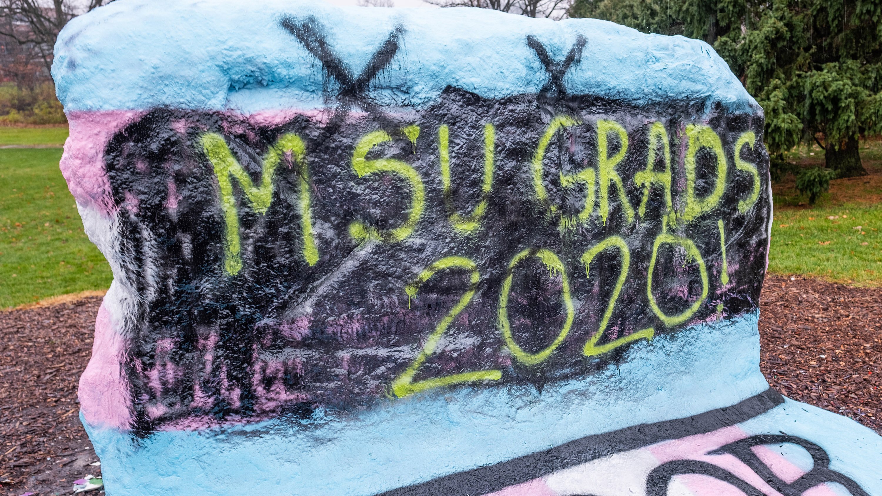 The rock, painted with the words 'MSU Grads 2020!'