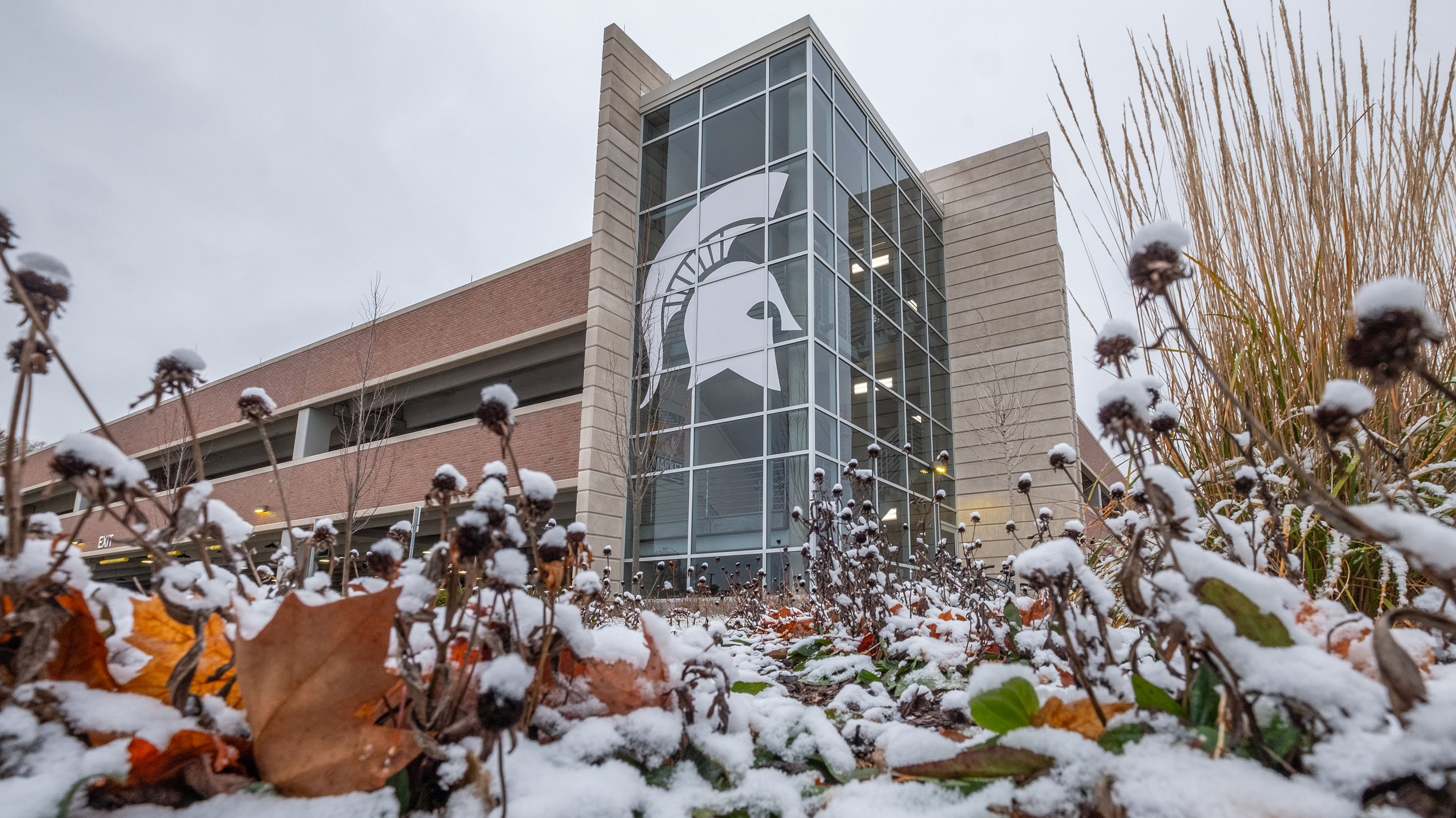 MSU parking garage in the snow