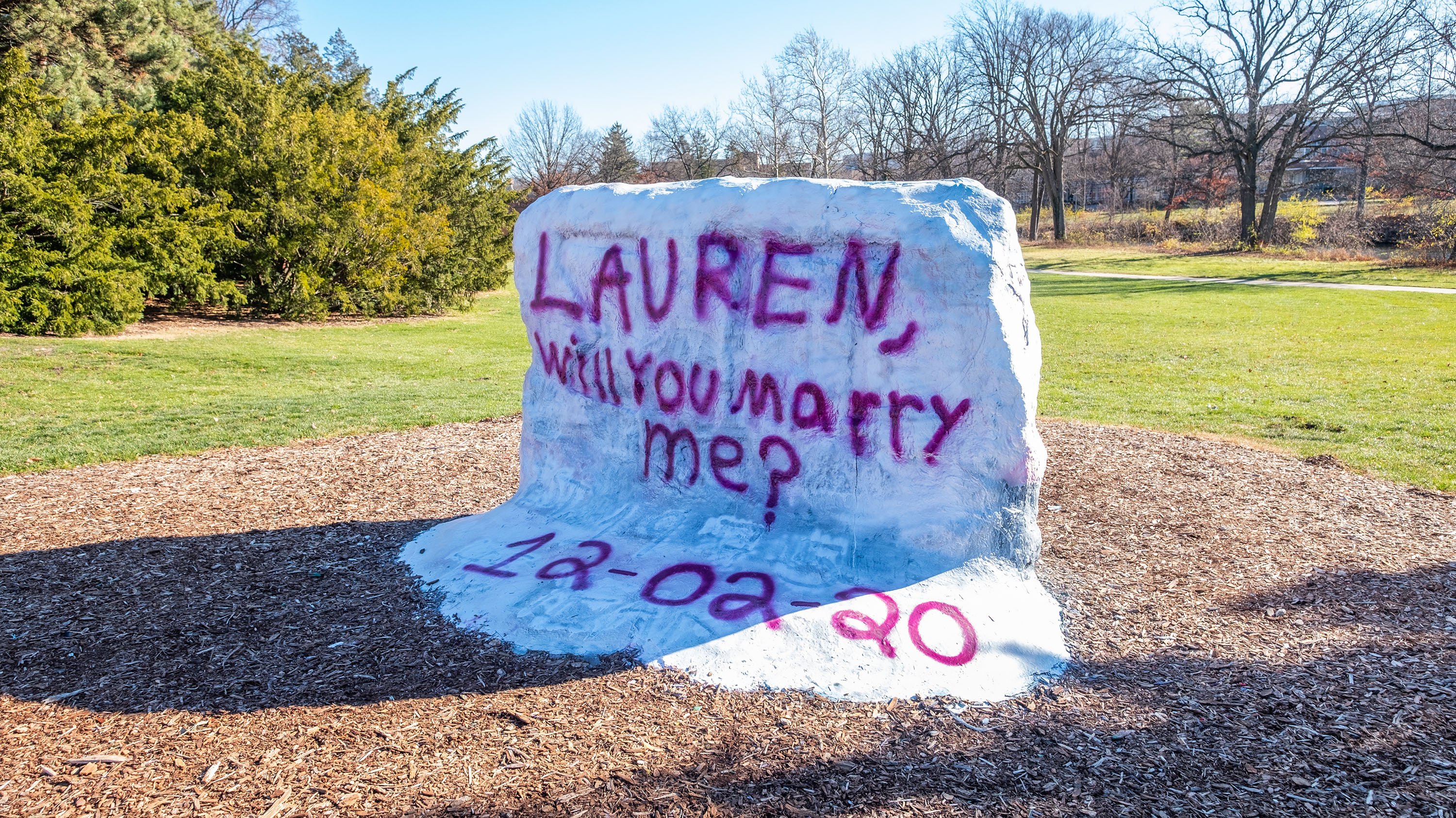 The rock, reading ' Lauren will you marry me?'