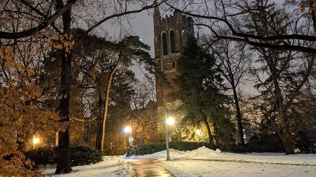 Beaumont tower on a snowy night