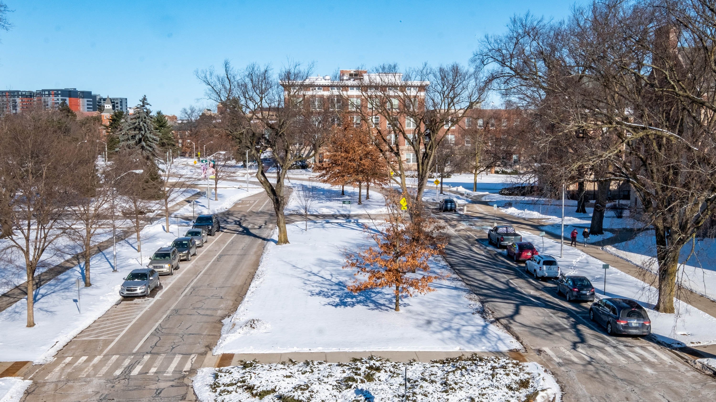 Agriculture Hall, Linton Hall, and Kedzie Hall and Auditorium Road, viewed from the parking ramp.