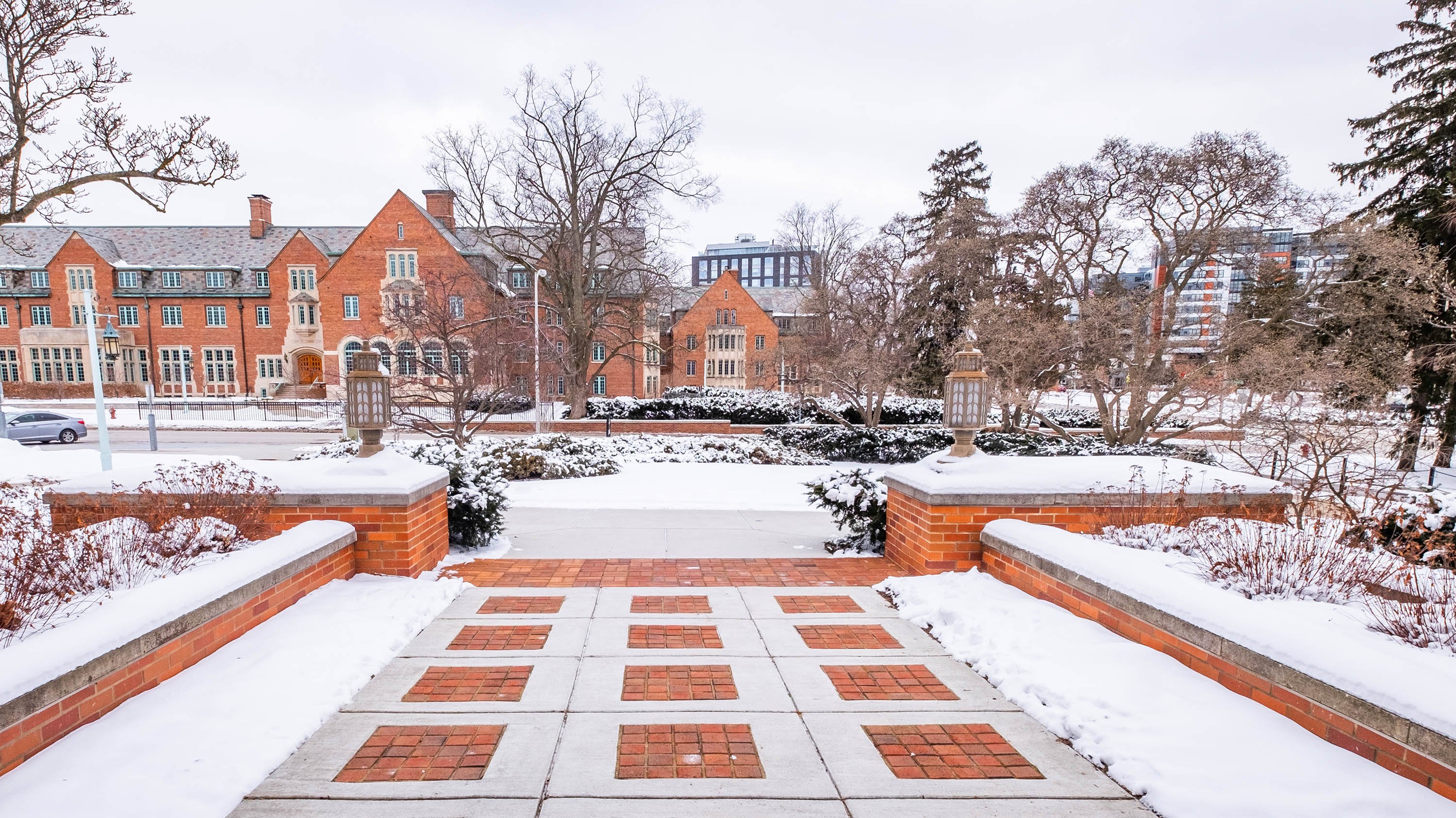 Landon Hall, Campbell Hall and Grand River Avenue, viewed from the the front of the Cowles House, the president?s home.