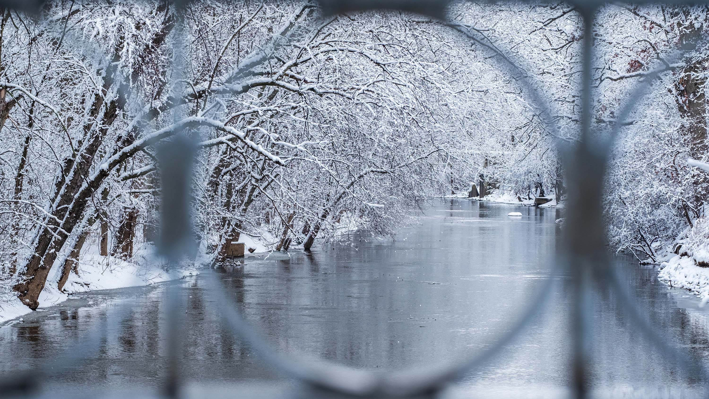 The Red Cedar river viewed through the railing of a bridge