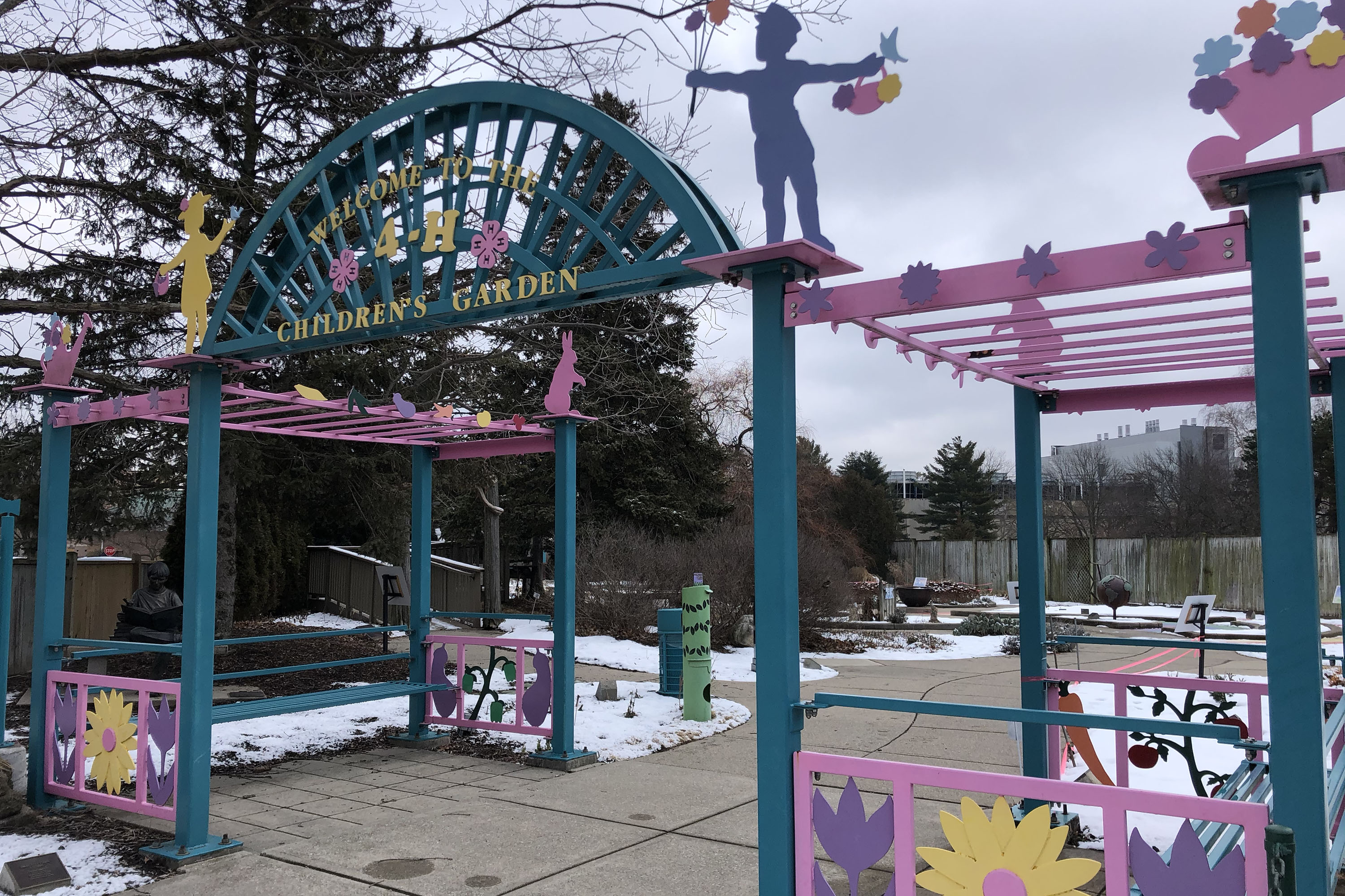 Brightly colored entrance of the Children's Garden in the winter. 