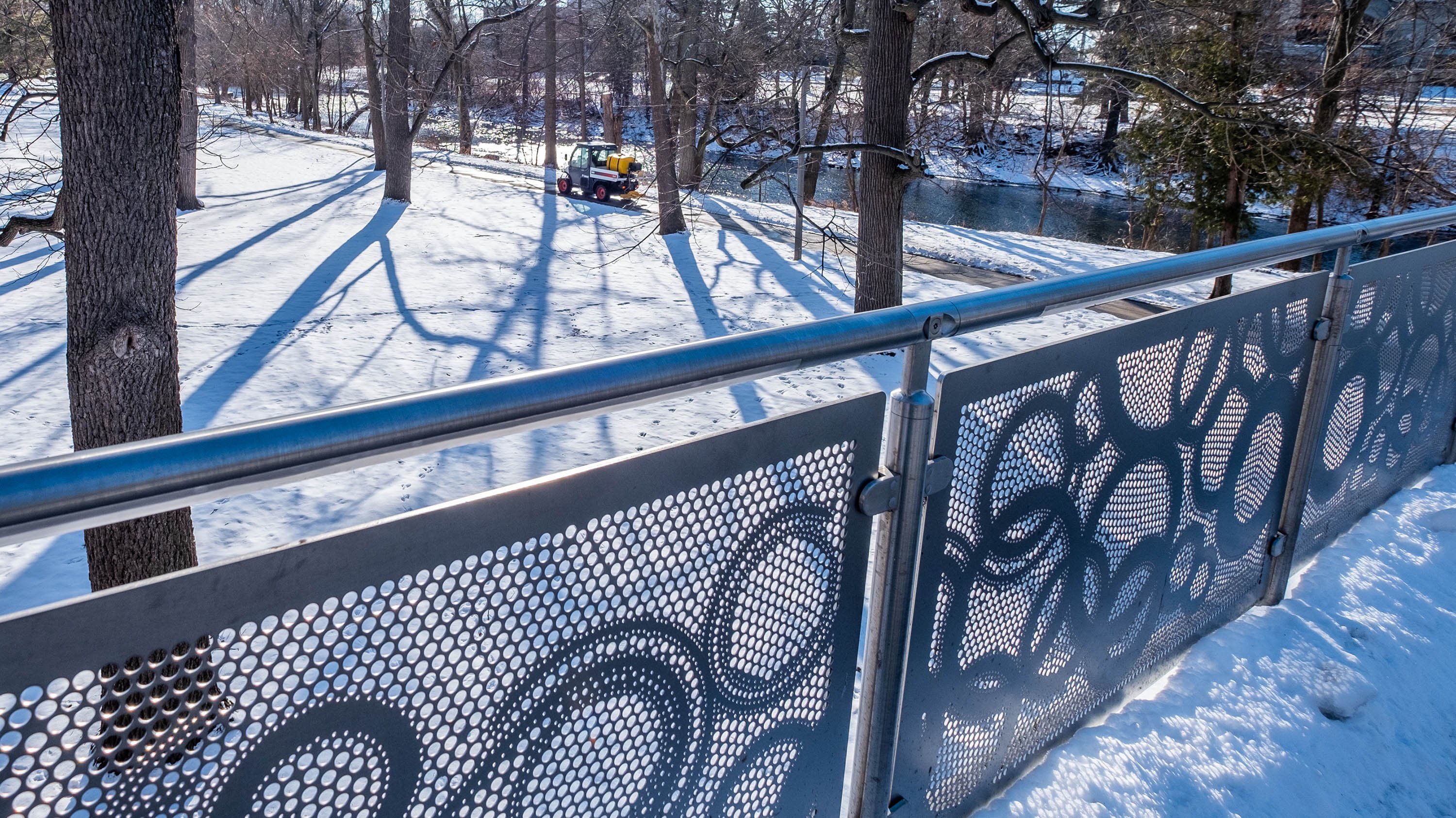 A close-up of the railing on the MSU Library bridge