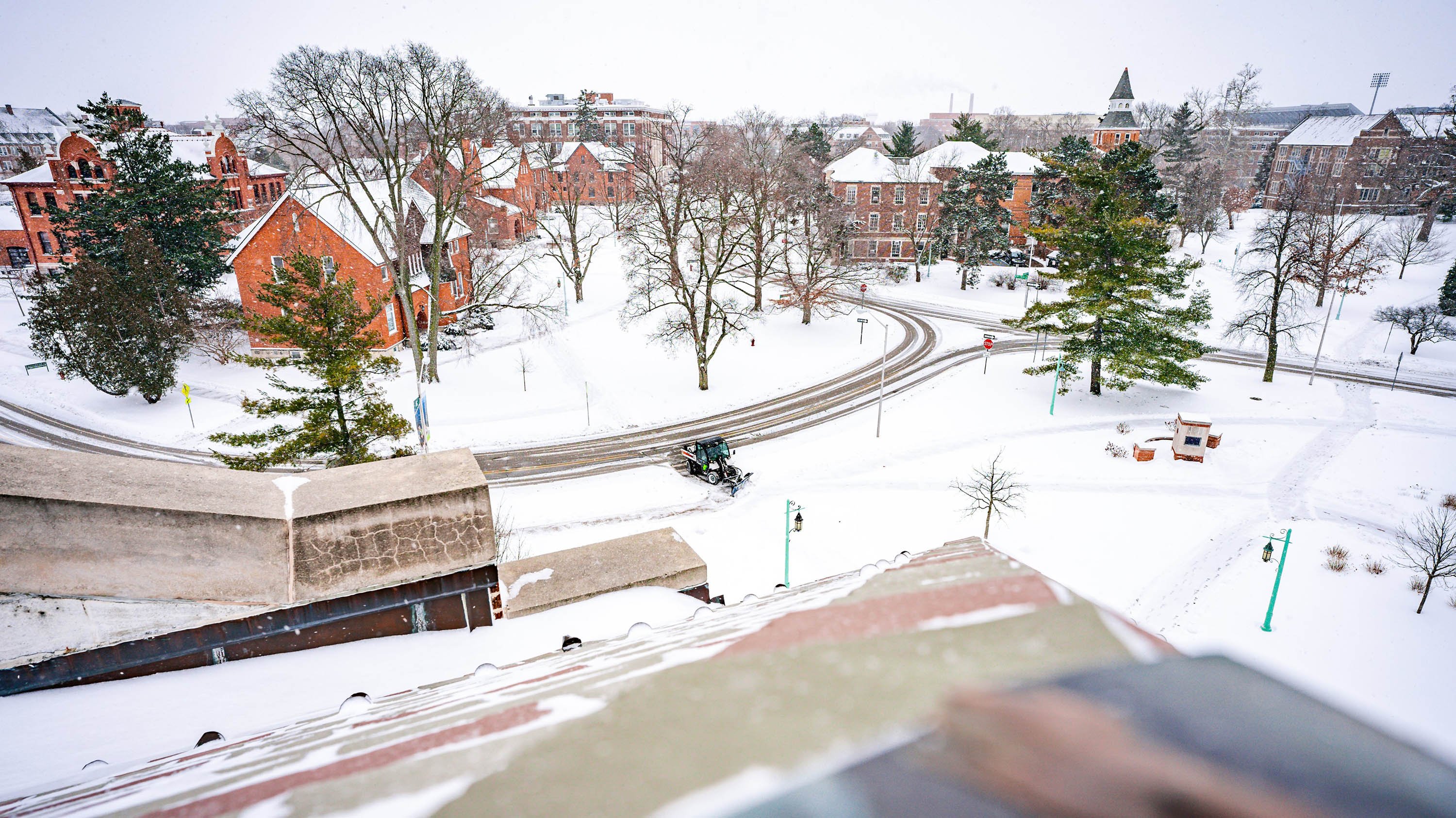 A view of campus in the snow