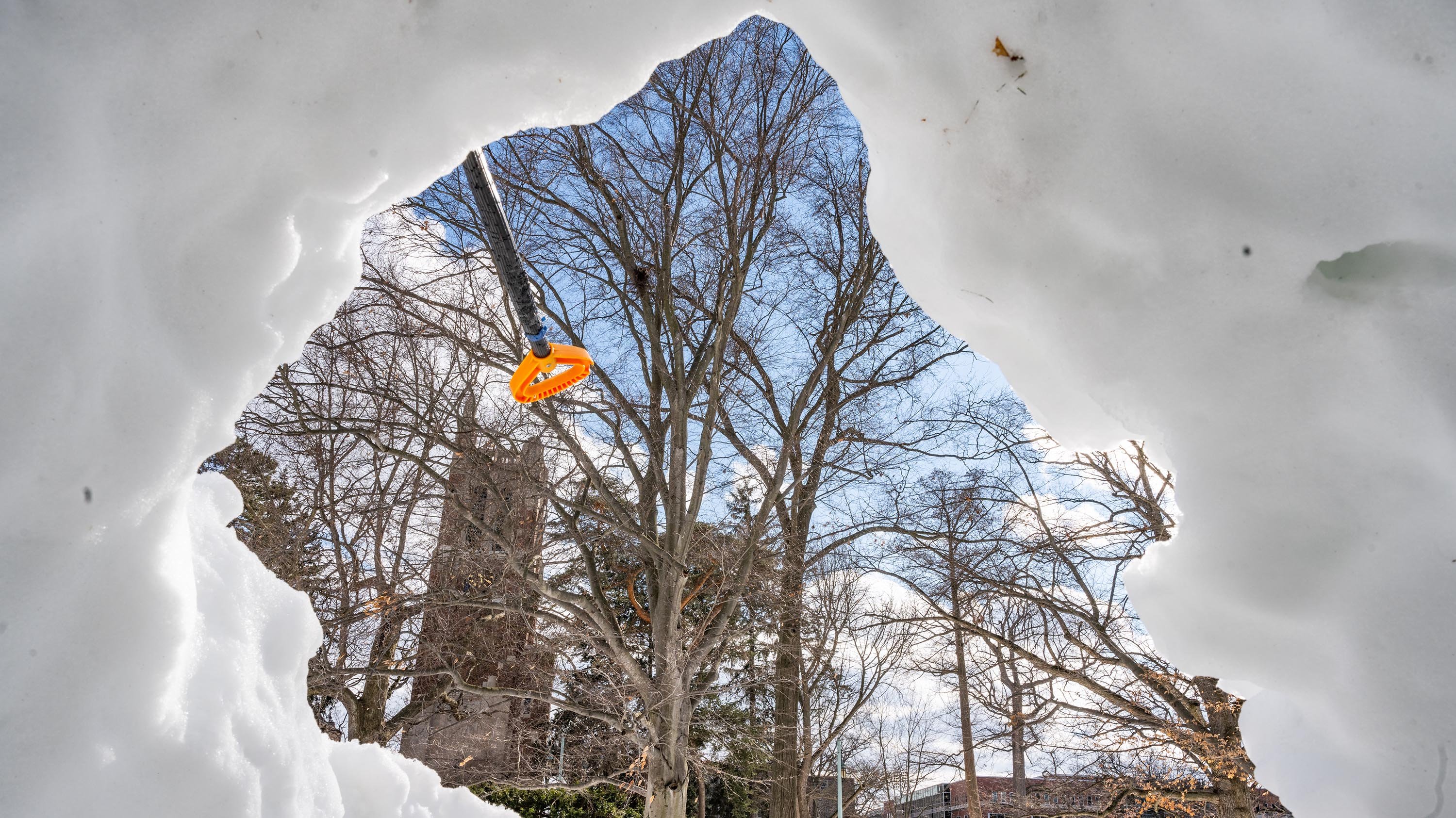 Beaumont Tower framed by snow